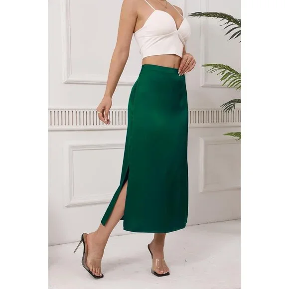 Women's Green Satin Elastic Silk Slip A Line Flowy Ruffle Cocktail Midi Skirt